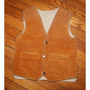 Vintage 70s Kids Brown Suede Sherpa Lined Vest Genuine Leather Small Children’s